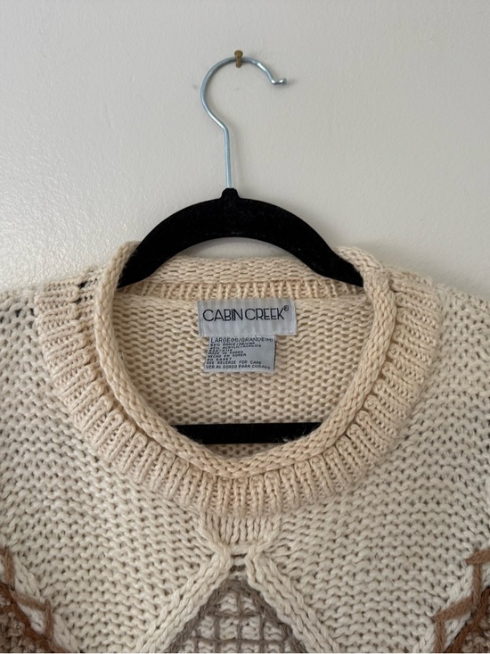 Vintage 90s Sz Lg Cottagecore Grandma Knit Chunky Neutral Sweater Patchwork Tan - Picture 10 of 16